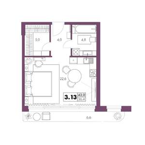 1-к квартира, строящийся дом, 43м2, 3/6 этаж