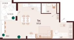 1-к квартира, строящийся дом, 58м2, 7/7 этаж