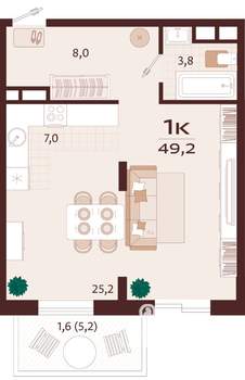 1-к квартира, строящийся дом, 49м2, 5/8 этаж