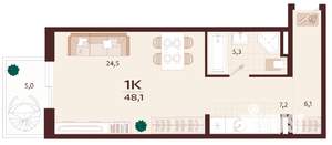 1-к квартира, вторичка, 48м2, 8/9 этаж