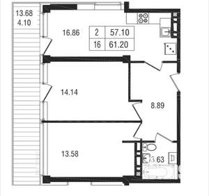 2-к квартира, вторичка, 61м2, 4/7 этаж