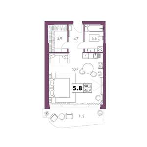 1-к квартира, строящийся дом, 58м2, 5/6 этаж