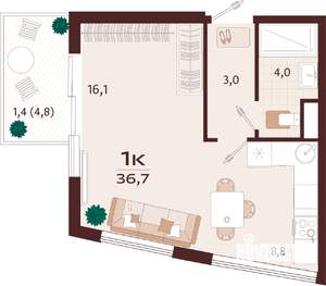 1-к квартира, строящийся дом, 37м2, 6/7 этаж