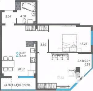 2-к квартира, строящийся дом, 64м2, 13/17 этаж