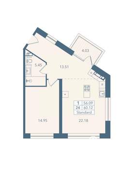 1-к квартира, вторичка, 60м2, 4/8 этаж