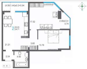 2-к квартира, вторичка, 64м2, 12/16 этаж
