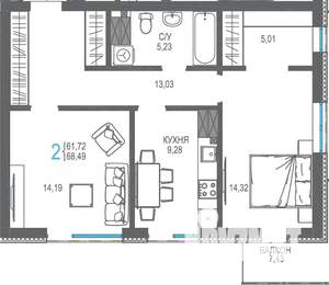 2-к квартира, вторичка, 68м2, 14/16 этаж