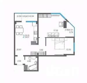 2-к квартира, вторичка, 64м2, 11/17 этаж