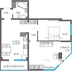 2-к квартира, строящийся дом, 64м2, 13/17 этаж
