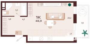 1-к квартира, вторичка, 49м2, 8/9 этаж