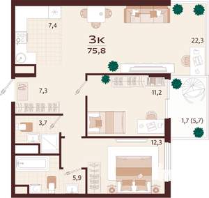3-к квартира, вторичка, 76м2, 6/7 этаж