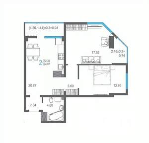 2-к квартира, строящийся дом, 64м2, 13/17 этаж