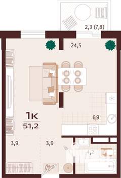 1-к квартира, строящийся дом, 49м2, 7/8 этаж