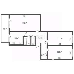 3-к квартира, вторичка, 57м2, 1/5 этаж