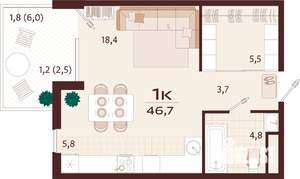 1-к квартира, строящийся дом, 47м2, 2/7 этаж