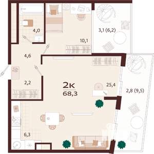 2-к квартира, строящийся дом, 68м2, 6/7 этаж