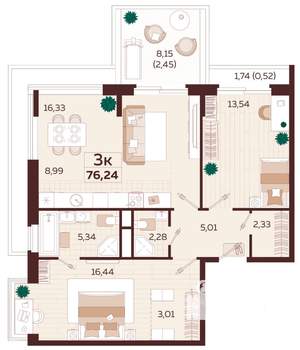 3-к квартира, строящийся дом, 76м2, 5/6 этаж