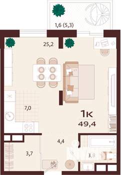 1-к квартира, строящийся дом, 49м2, 9/9 этаж