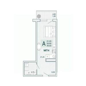 Студия квартира, вторичка, 39м2, 6/9 этаж