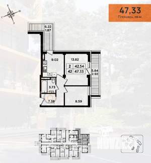 2-к квартира, сданный дом, 47м2, 5/8 этаж