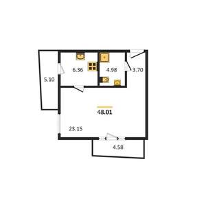 1-к квартира, вторичка, 48м2, 4/7 этаж