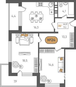 2-к квартира, строящийся дом, 79м2, 4/8 этаж
