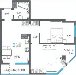 2-к квартира, строящийся дом, 64м2, 15/17 этаж
