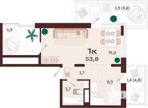 1-к квартира, вторичка, 54м2, 4/9 этаж