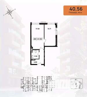 2-к квартира, вторичка, 41м2, 1/8 этаж