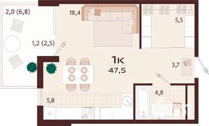 1-к квартира, строящийся дом, 48м2, 7/7 этаж