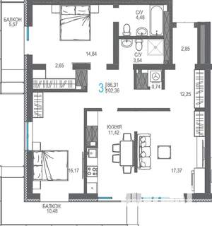 3-к квартира, вторичка, 102м2, 15/16 этаж
