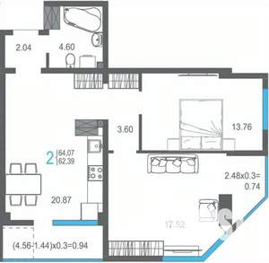 2-к квартира, строящийся дом, 64м2, 12/17 этаж