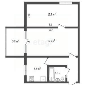 2-к квартира, вторичка, 43м2, 5/5 этаж