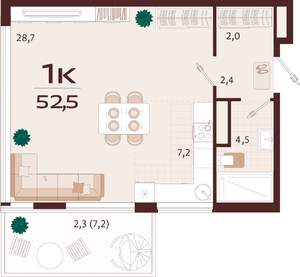 1-к квартира, строящийся дом, 53м2, 7/7 этаж