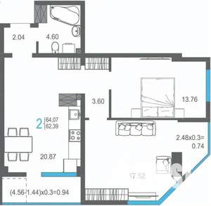2-к квартира, строящийся дом, 64м2, 14/17 этаж