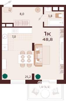 1-к квартира, строящийся дом, 49м2, 4/8 этаж