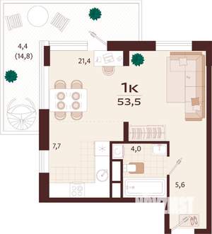 1-к квартира, строящийся дом, 53м2, 6/9 этаж
