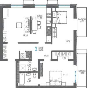 3-к квартира, строящийся дом, 93м2, 15/16 этаж