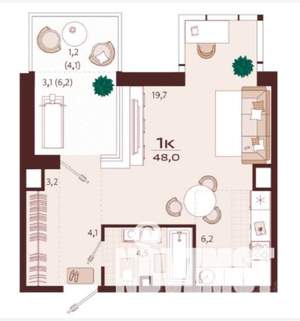 1-к квартира, вторичка, 48м2, 6/9 этаж