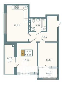 2-к квартира, строящийся дом, 63м2, 4/9 этаж