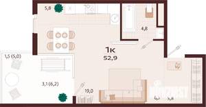 1-к квартира, строящийся дом, 53м2, 6/7 этаж