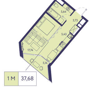 1-к квартира, вторичка, 38м2, 14/20 этаж