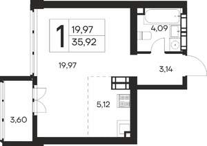 1-к квартира, строящийся дом, 36м2, 12/19 этаж