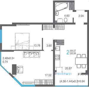2-к квартира, вторичка, 64м2, 12/17 этаж