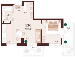 2-к квартира, вторичка, 60м2, 9/9 этаж