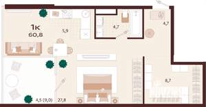 1-к квартира, вторичка, 61м2, 8/9 этаж