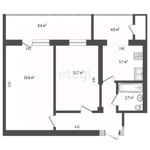 2-к квартира, вторичка, 43м2, 1/4 этаж