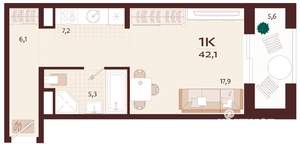 1-к квартира, вторичка, 42м2, 7/9 этаж