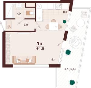 1-к квартира, строящийся дом, 45м2, 3/7 этаж