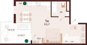 1-к квартира, строящийся дом, 53м2, 6/7 этаж